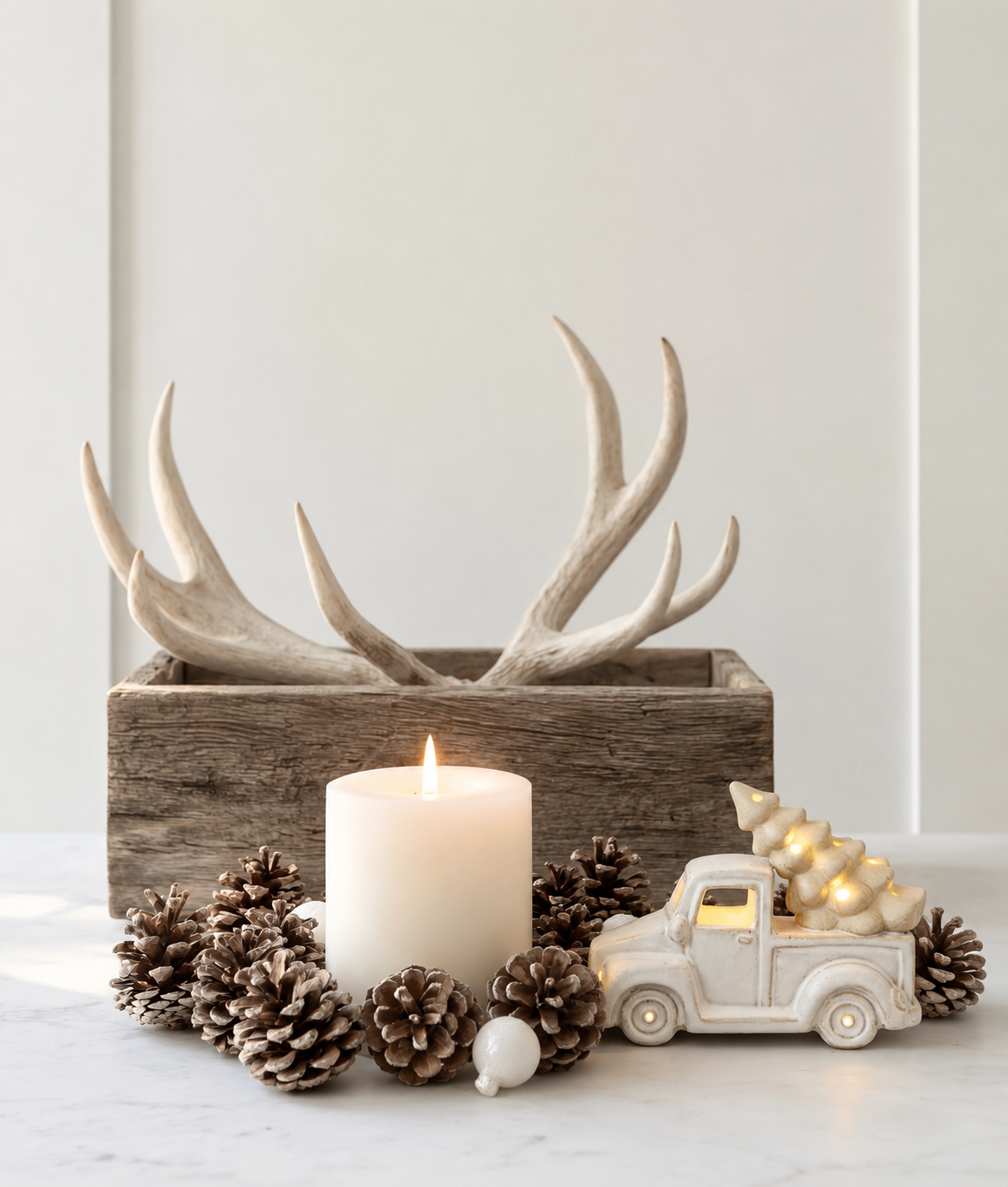 Ceramic car with Christmas tree and LED lights beside a pillar candle and pine cones