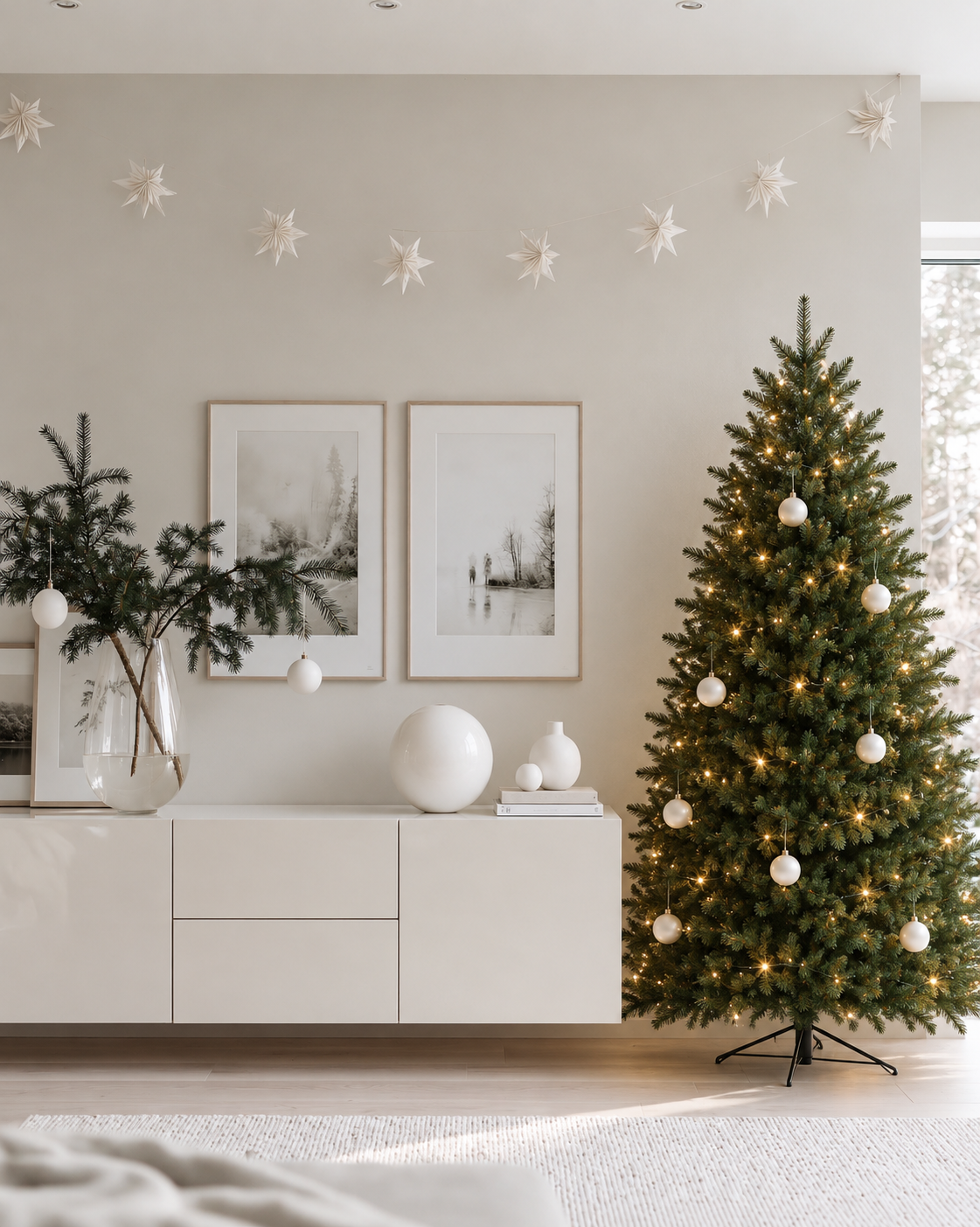Spruce Pre-Lit Christmas Tree 1.83m with warm white LEDs and ivory baubles beside a white sideboard under paper stars
