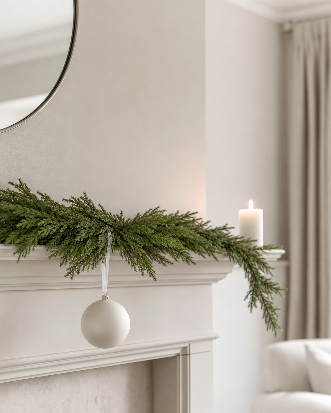 Norfolk Pine Swag draped along a white mantel with a white bauble, beneath a round mirror