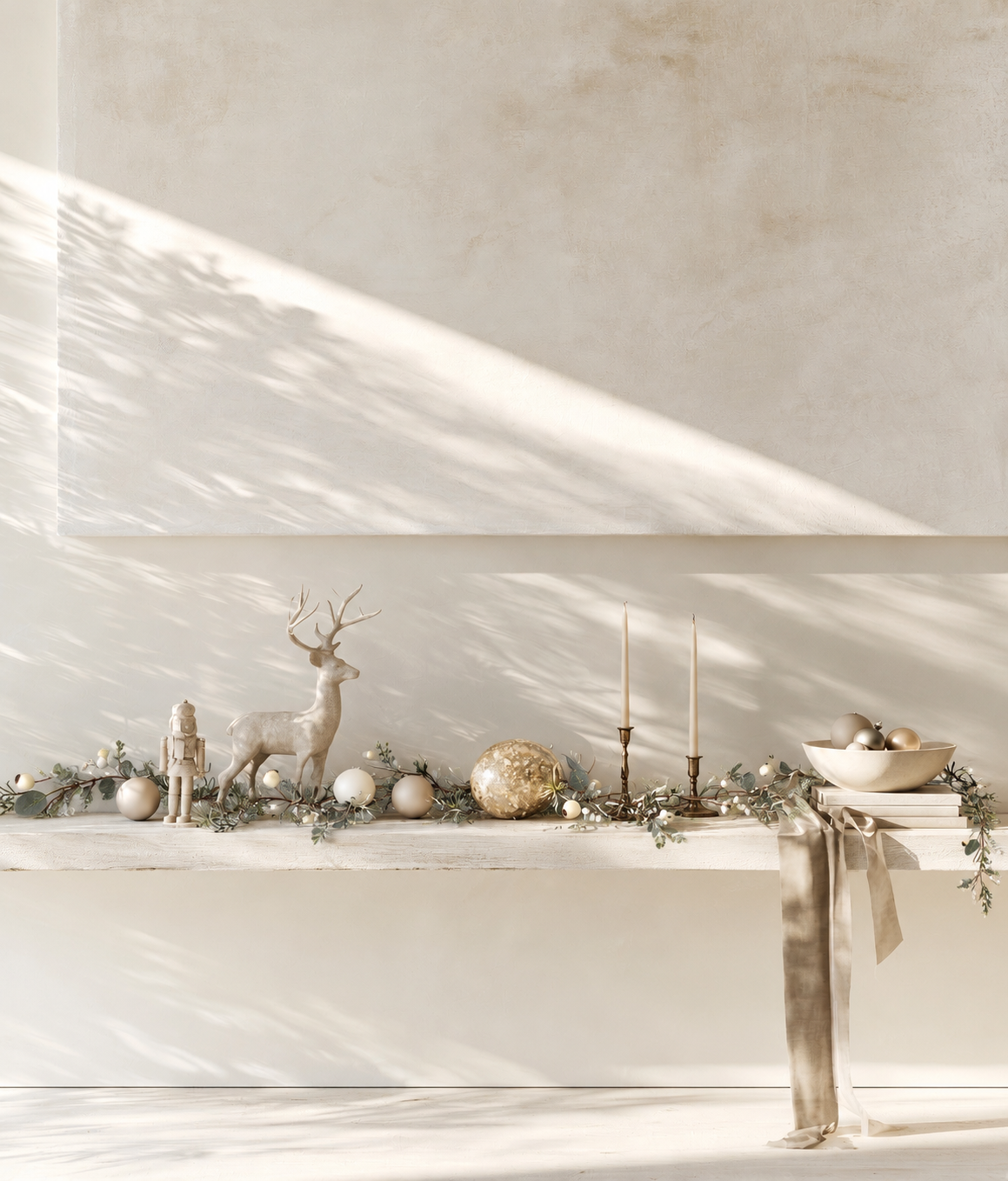 Podberry Garland in cream and sage along a timber ledge with a deer figurine, brass candlesticks and baubles