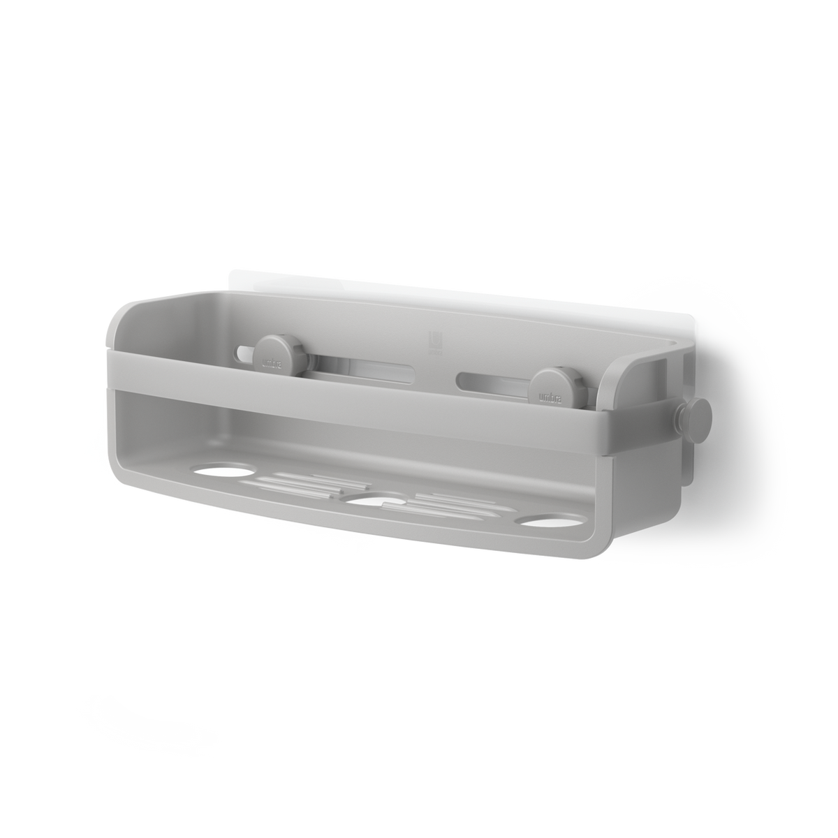 Umbra Flex adhesive shower bin in grey, angled view showing the drainage slots