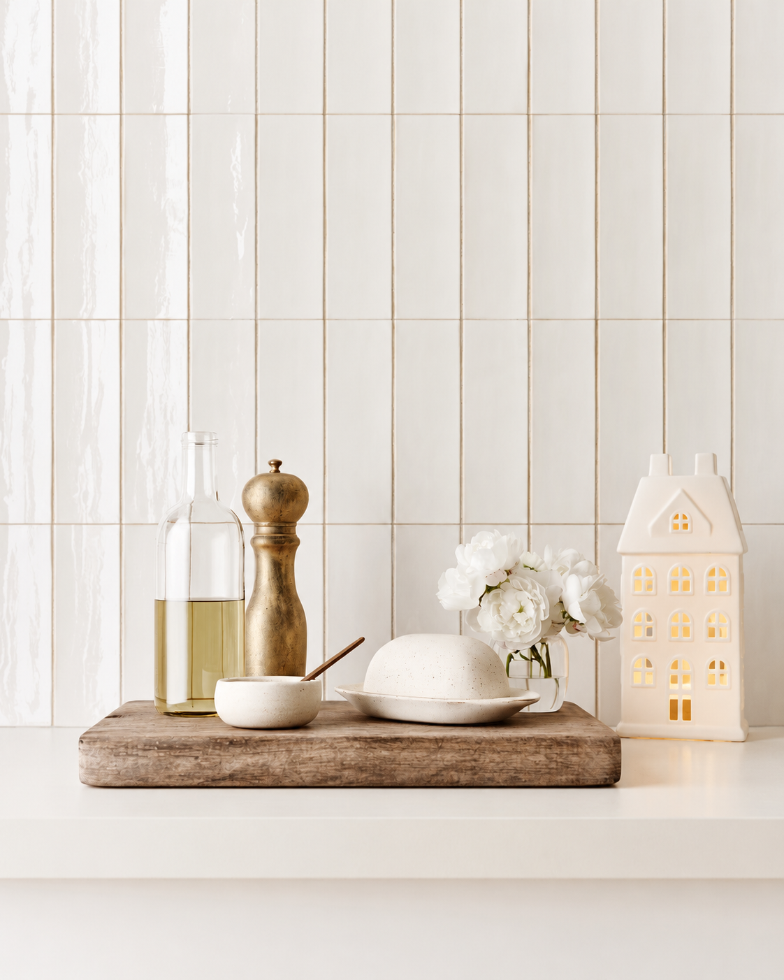 Manor House LED in white glowing on a kitchen bench beside a pepper grinder, oil bottle and white flowers