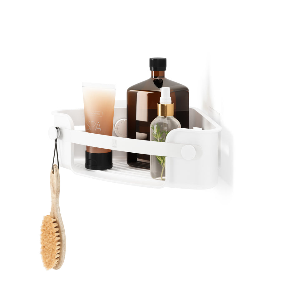 Umbra Flex adhesive corner bin shower caddy mounted with hooks and drainage