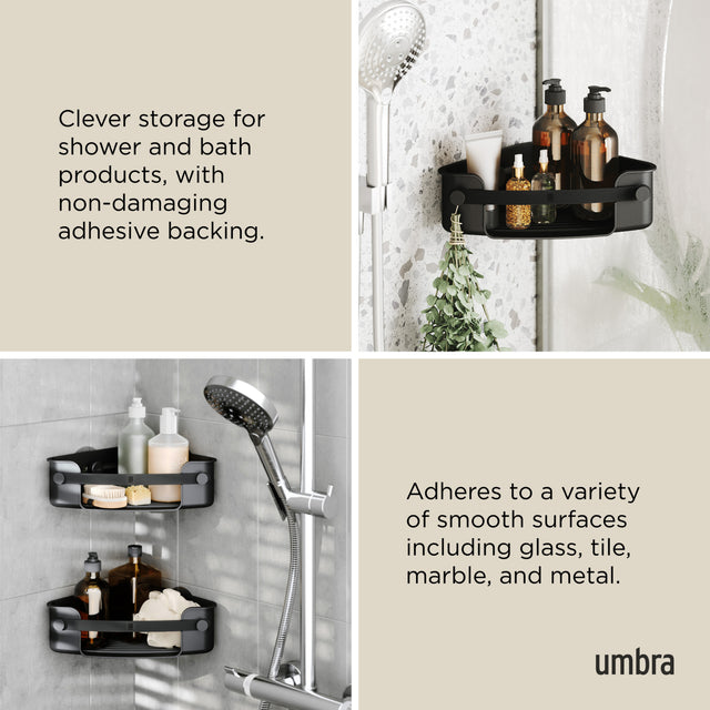 Umbra Flex corner bin in black, adhesive backing that sticks to glass, tile and metal