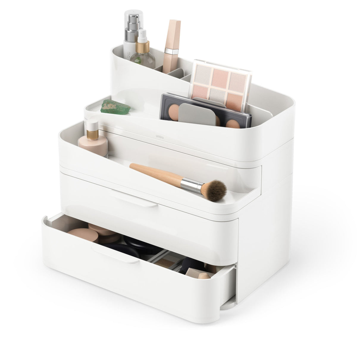 Umbra Glam large cosmetic organiser holding makeup palettes, brushes and skincare