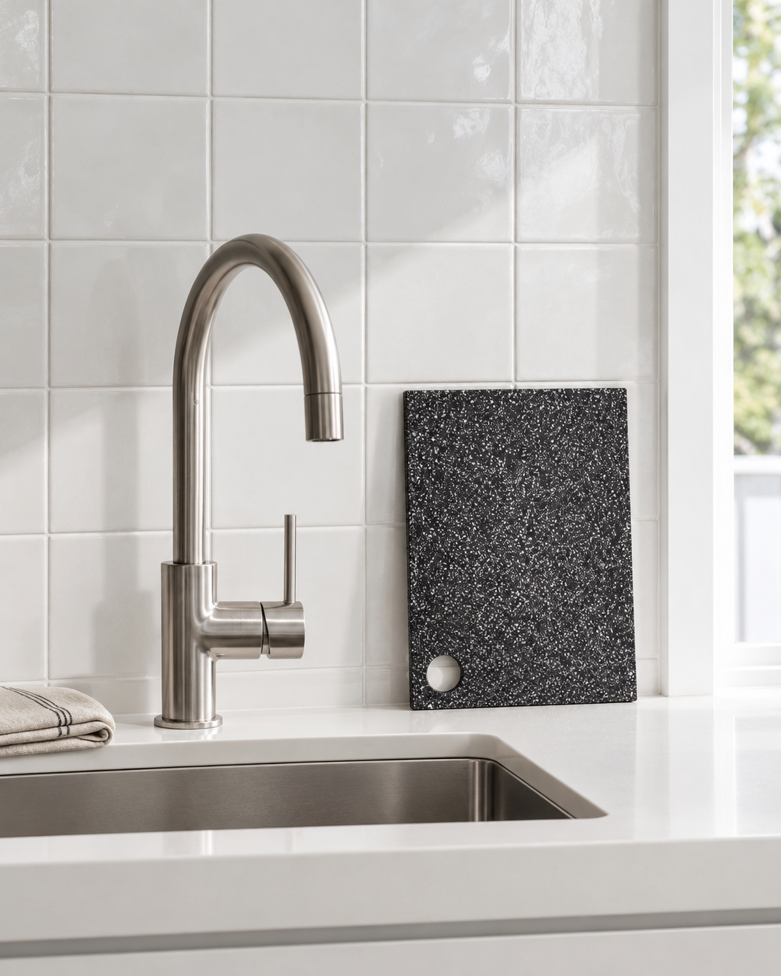Zakkia black terrazzo serving board styled upright on a white kitchen bench beside stainless steel tap
