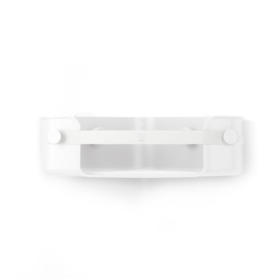 Umbra Flex adhesive corner bin in white seen from the front with its side knobs