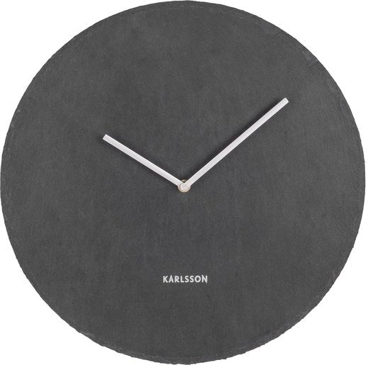 Karlsson Slate Clock in charcoal, natural slate face on a white background
