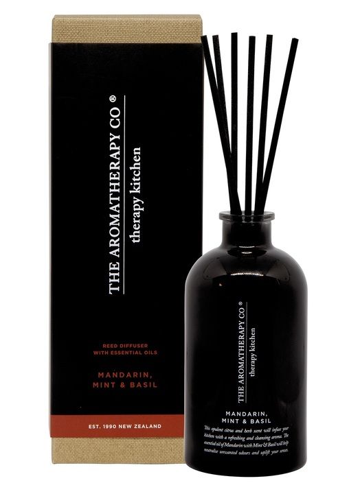 Opulent Mandarin, Mint & Basil aroma in a Therapy® Kitchen Diffuser by The Aromatherapy Co, in a black box.