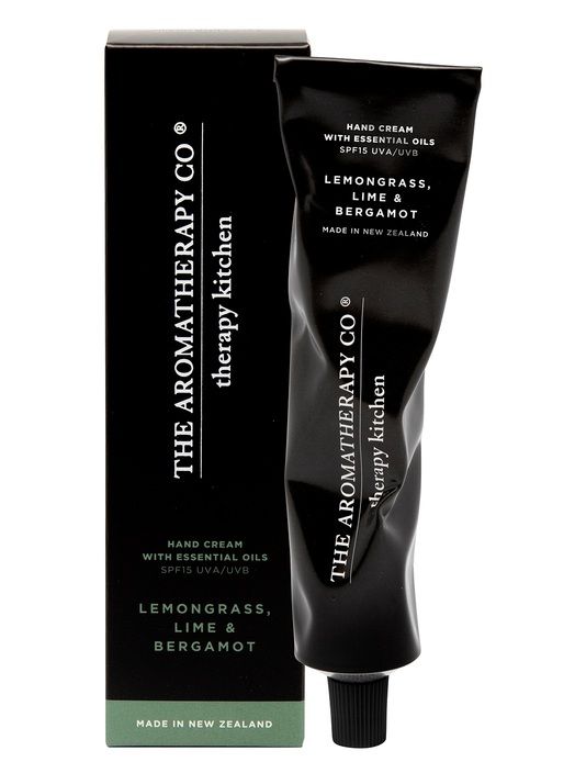 Therapy Kitchen Lemongrass, Lime & Bergamot hand cream in a crinkled black tube beside its black box