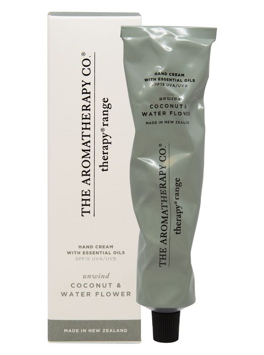 Coconut & Water Flower hand cream in a crinkled metallic sage tube standing beside its box