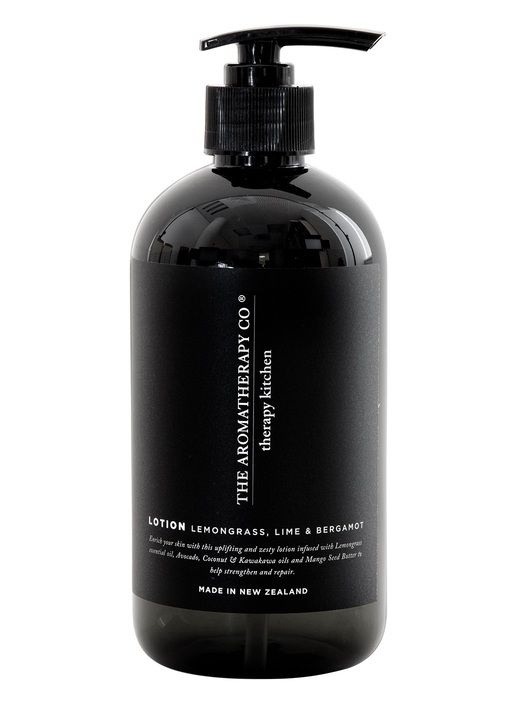 A black bottle of Therapy® Kitchen Hand Lotion - Lemongrass, Lime & Bergamot by The Aromatherapy Co with a lemongrass scent.