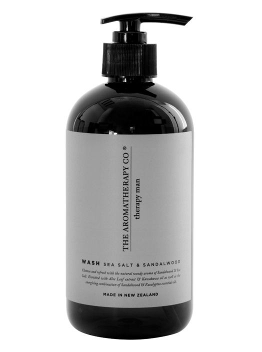 Therapy Man Sea Salt & Sandalwood hand and body wash in a dark pump bottle with a grey label, on white