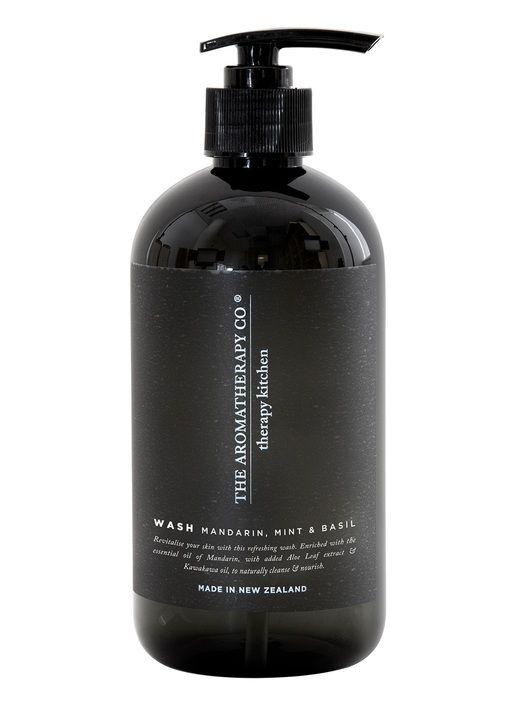 A bottle of Therapy® Kitchen Hand Wash - Mandarin, Mint & Basil, by The Aromatherapy Co, on a white background.