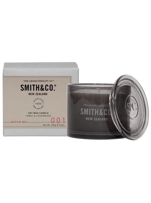 The Aromatherapy Co Smith & Co Tabac & Cedarwood soy candle from New Zealand.