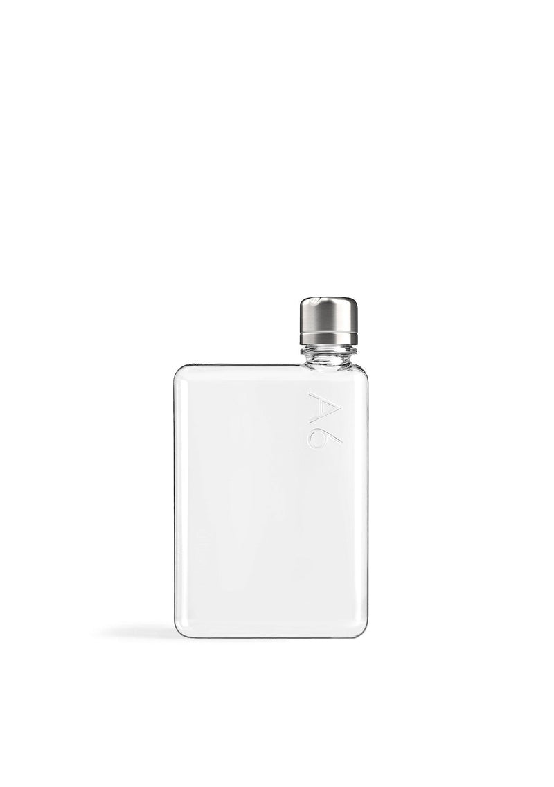 A white A6 Memobottle for hydration by MemoBottle.