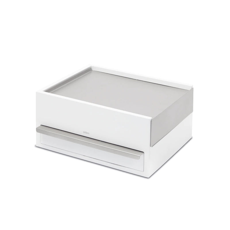 A STOWIT JEWELRY BOX WHT/NKL by Umbra, on a white surface.