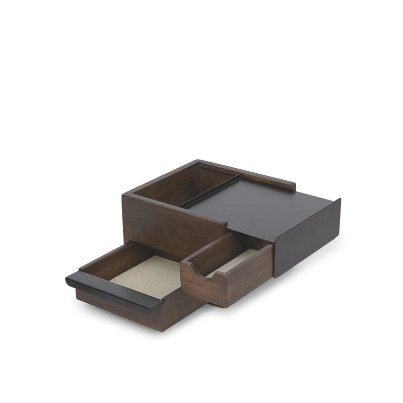 An Umbra MINI STOWIT JEWELRY BOX WALNUT/BLACK with two compartments and a drawer for jewelry storage.