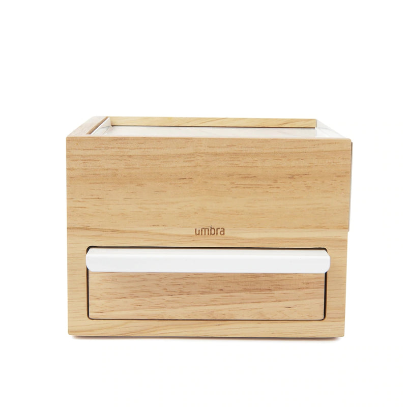 A mini Stowit jewelry box natural/white by Umbra with compartments.