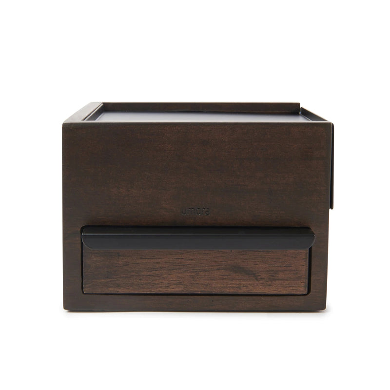 A Umbra MINI STOWIT JEWELRY BOX WALNUT/BLACK with a black lid.