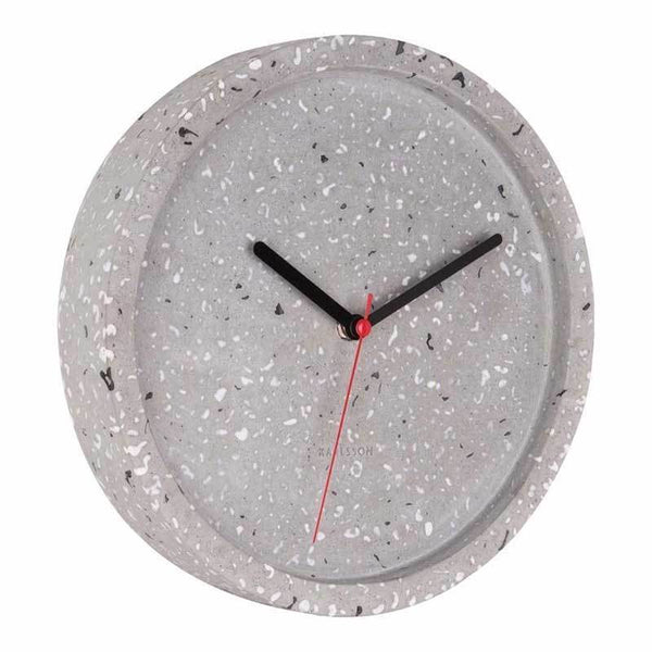 The Karlsson Tom Terrazzo Wall Clock (26cm) features a sleek grey design with a black face and vibrant red numbers. Powered by quartz movement, this clock is not only stylish but also ensures accuracy in timekeeping.