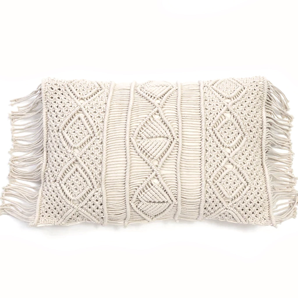 Macrame cushion in natural cotton with diamond and openwork banding and fringed side edges