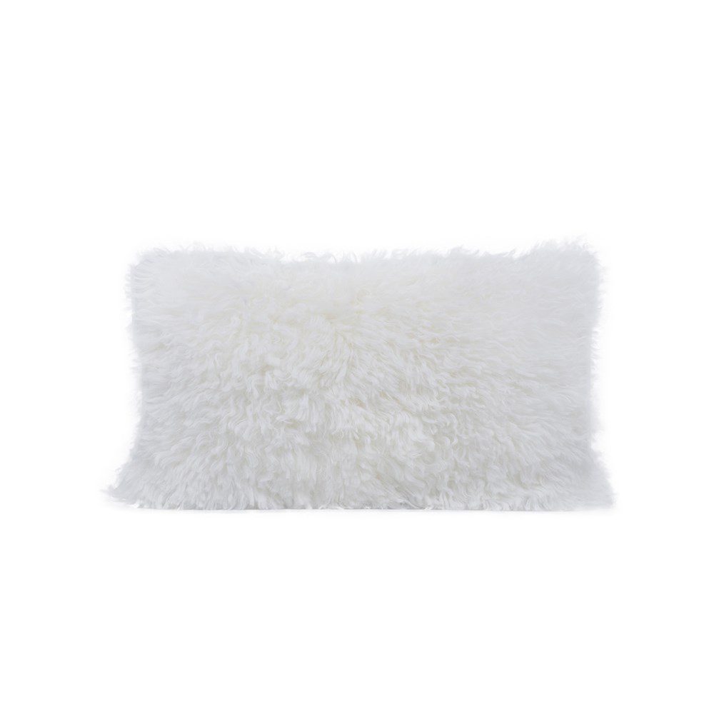 Icelandic sheepskin cushion in ivory, long curly wool on a rectangular 30 x 50cm form