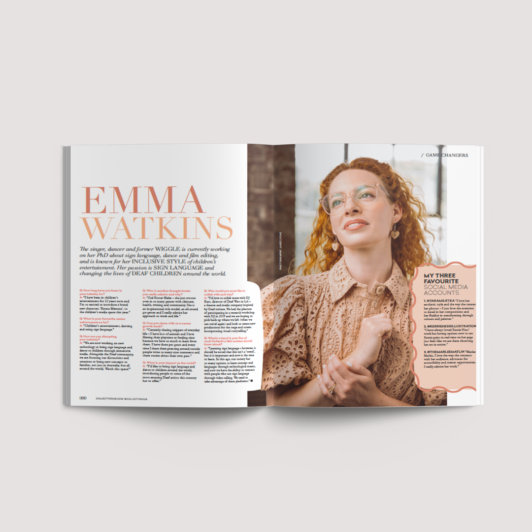 Collective Issue 55 interview spread with a portrait of a woman in a camel coat