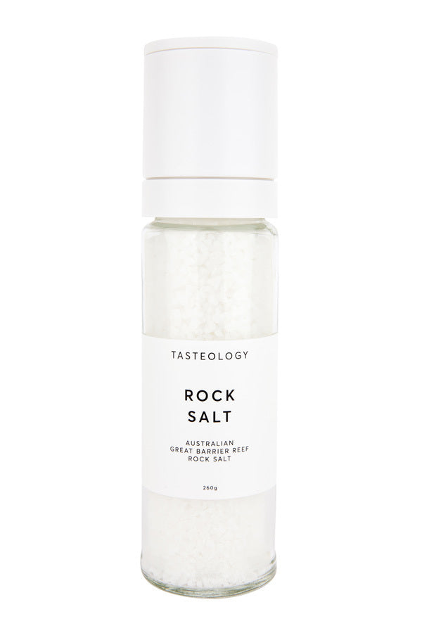 A jar of Tasteology's Great Barrier Reef Rock Salt on a white background.