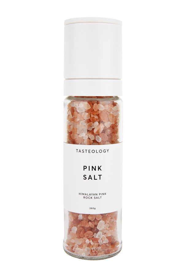 Tasteology Himalayan Pink Rock Salt in a jar on a white background.