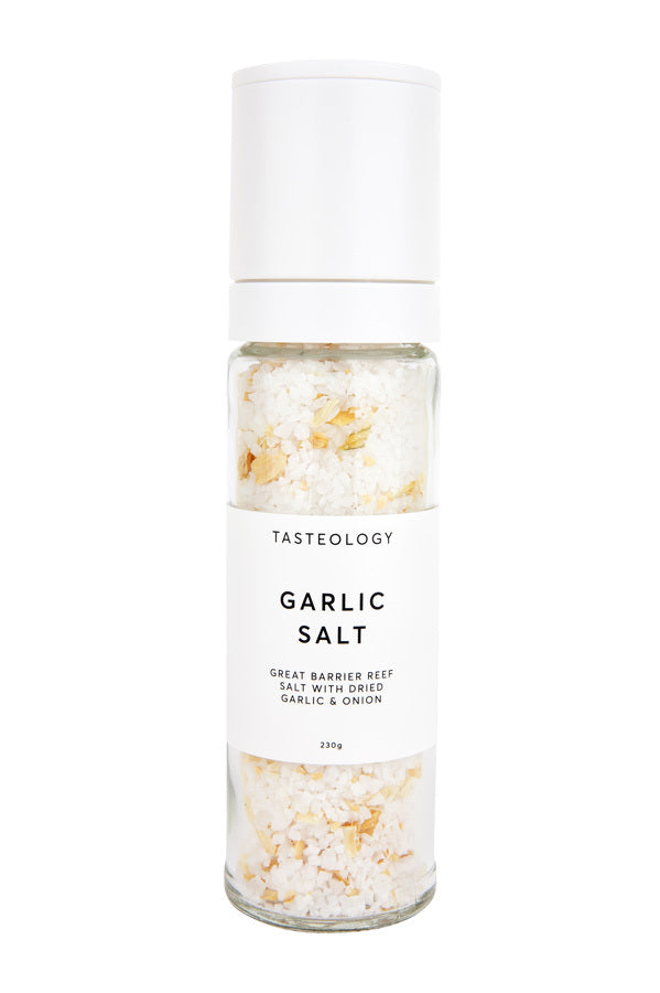 A jar of Tasteology Great Barrier Reef Garlic Salt on a white background.