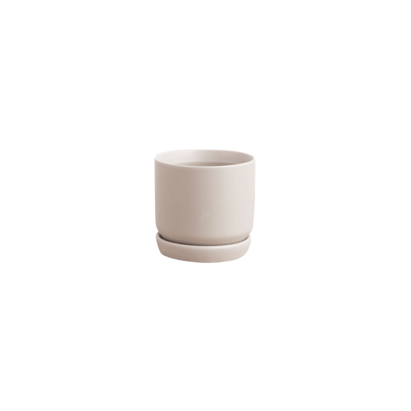 A small white Oslo Planter - Parchment Mini by Potted sitting on a white surface.