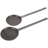 Two Classic Plating Spoons Set of 2 - Large Grey by Zakkia with holes in them on a white background.