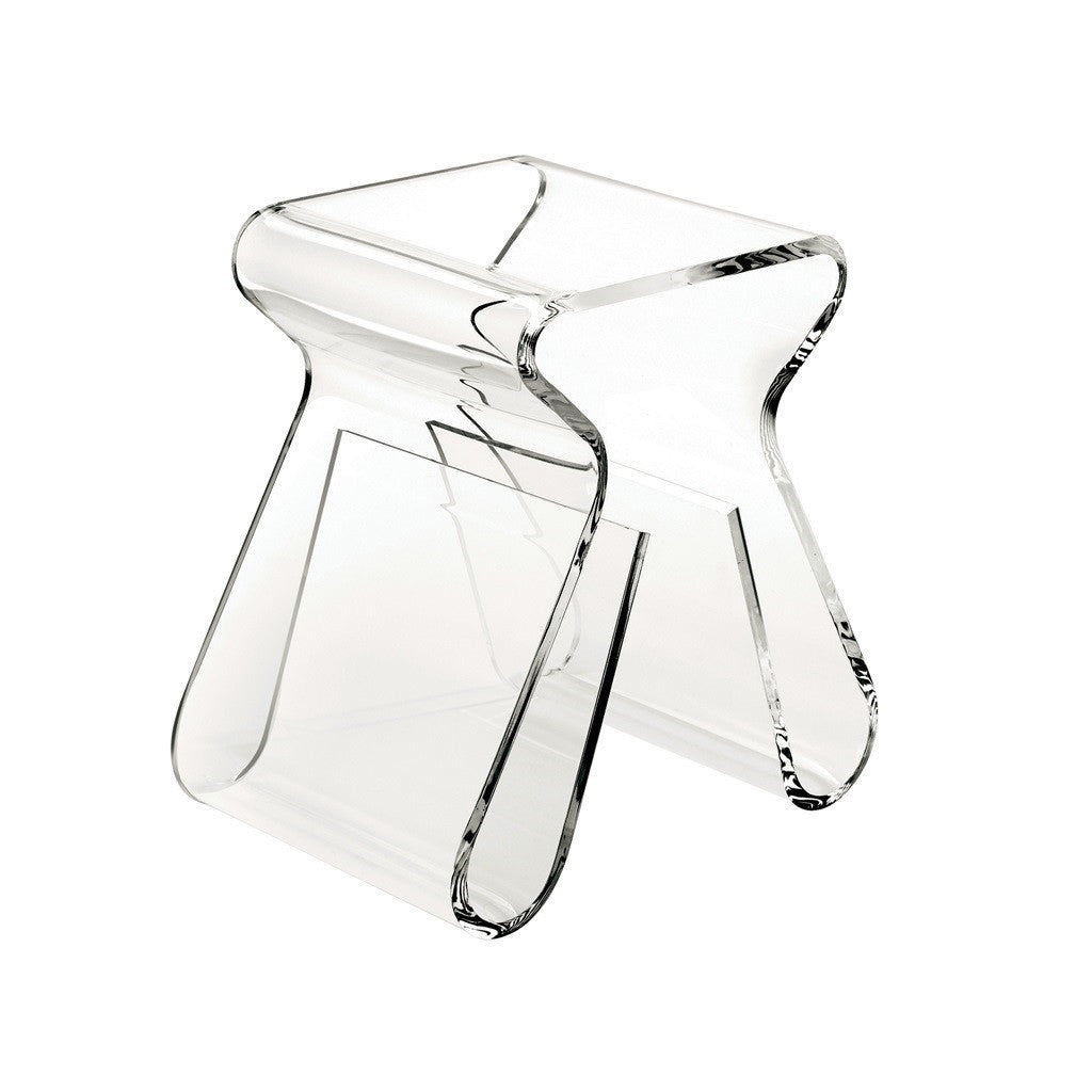 Magino clear acrylic stool and magazine rack by Umbra, front three-quarter view on white
