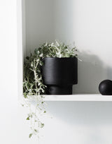 A Medium Glazed Black Zakkia Podium Pot sits on a white shelf as a decorative object.