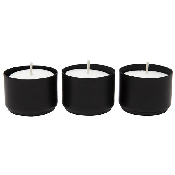 A set of 3 Zakkia black tealight candle holders on a white background.