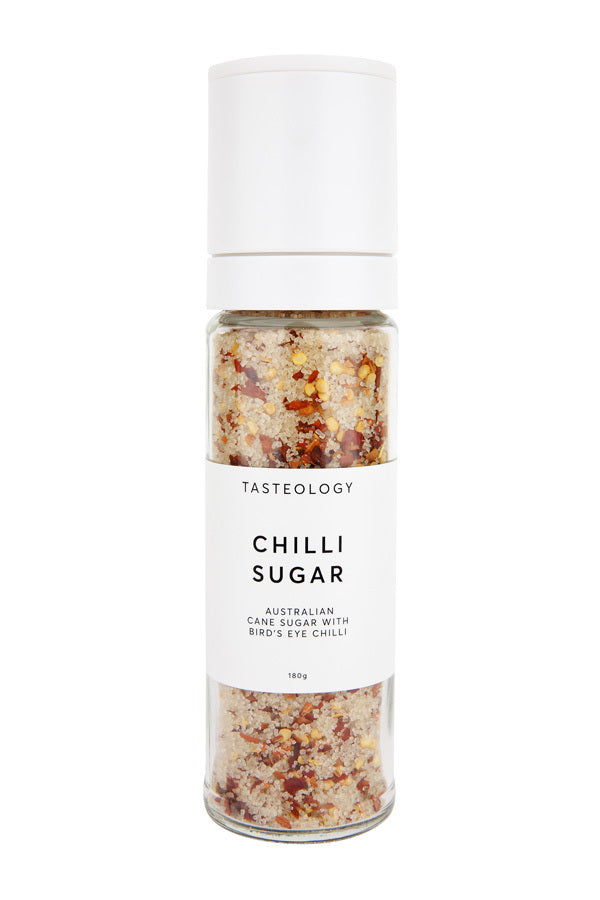 A jar of sustainable Tasteology Chilli Cane Sugar on a white background.