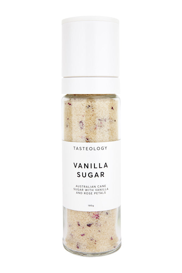 A jar of Vanilla & Rose Australian Cane Sugar by Tasteology on a white background.