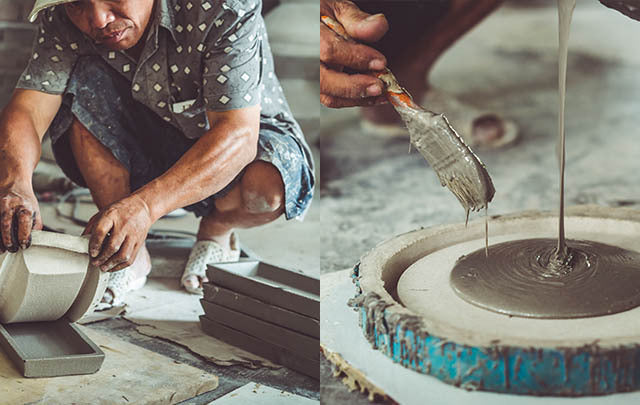 Two pictures of a man working on a Zakkia Concrete Square Tray - White on a potter's wheel creating a jewellery tray.