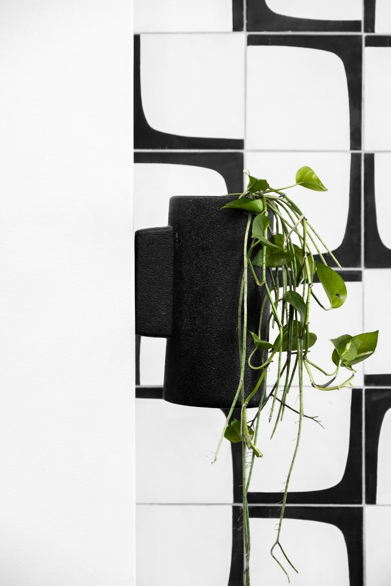 A black and white photo of a Zakkia Embers Wall Planter - Large Charred hanging on a wall with an organic finish.