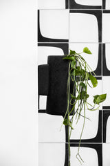 A black and white photo of a Embers Wall Planter - Small Ash by Zakkia, hanging on a wall, featuring outdoor pots.