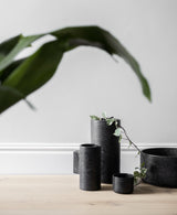 A Zakkia Embers Table Planter - Small Charred sits on a wooden table next to a plant.