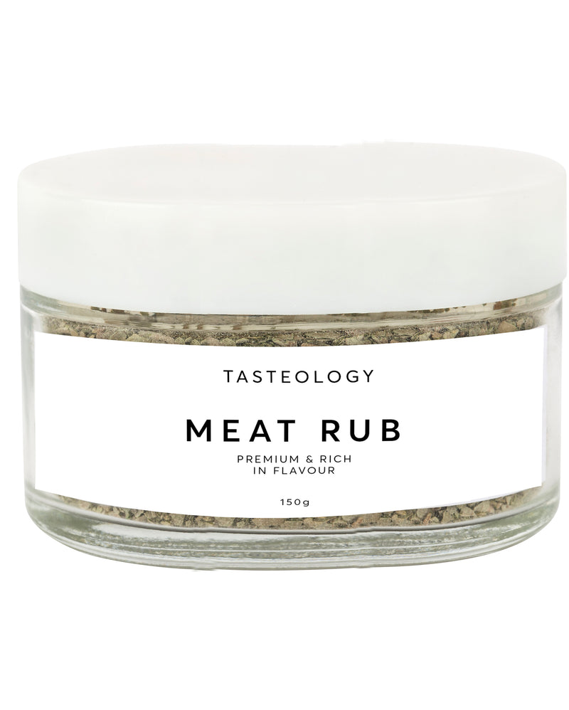 Tasteology's flavorful Tasteology Meat Rub showcased in a white background.