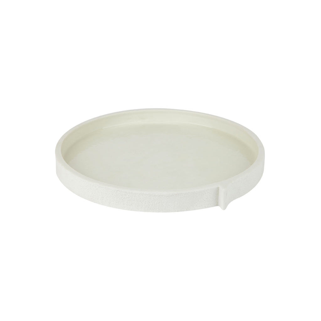 Burlap round ceramic tray in off white with a raised rim, on white