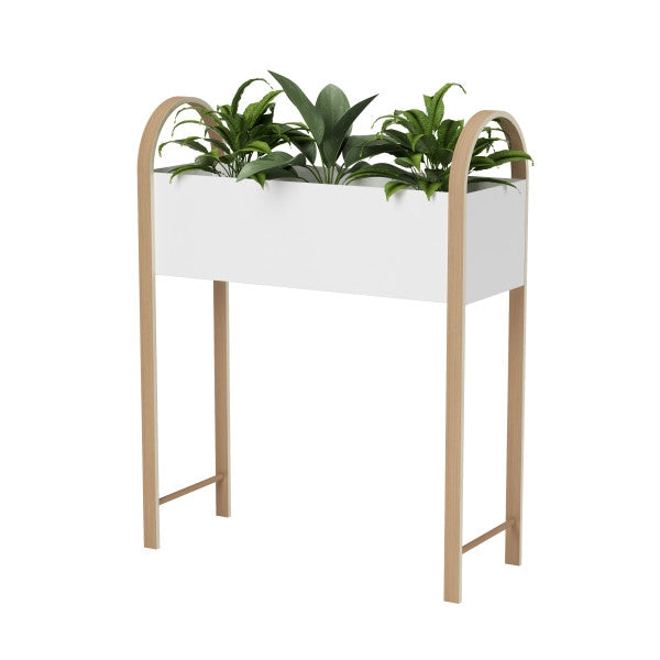 An Umbra BELLWOOD Storage/Planter, a versatile planter solution for indoor plants, on a wooden stand.