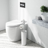 A modern bathroom equipped with a Umbra Portaloo Toilet Paper Stand - White/Nickel and a sink with bathroom appliances.