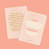 A pink and gold Affirmations to Guide Your Journey Box Card Set with an affirmation quote on it by Collective Hub.
