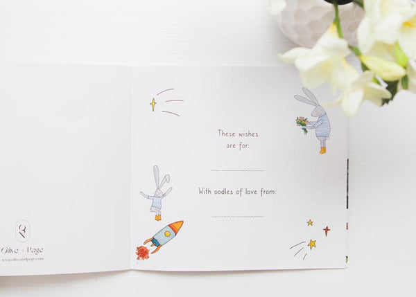 A MY WISHES FOR YOU card with a drawing of a bunny and flowers, by Olive + Page.