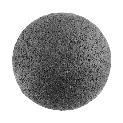 A black ball of Florence's KONJAC PREMIUM FACIAL PUFF SPONGE WITH BAMBOO CHARCOAL sand on a black background.