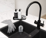 A black kitchen sink with a Barkly Basics eco-friendly Hand Wash dispenser and a pair of gloves.